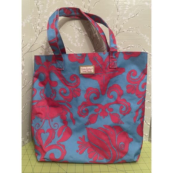 Lilly Pulitzer Estee Lauder Blue Aqua Pink Crab Tote Beach Bag Starfish Preppy - Picture 1 of 8